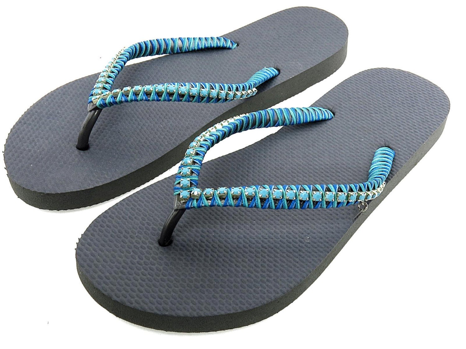 Flip flops with turquoise rhinestone, Turquoise embellished grey sandals, size 6, 6.5, 7.5, 8.5, 9, 9.5. Custom made decorated flip flops