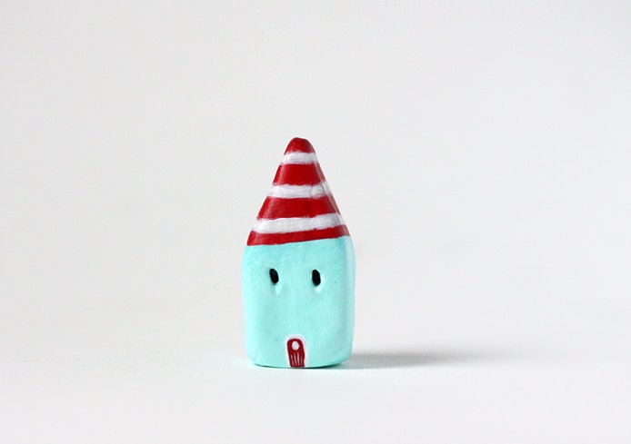 SALE - Little Home No 388 - Little clay house - light blue and red with white stripes
