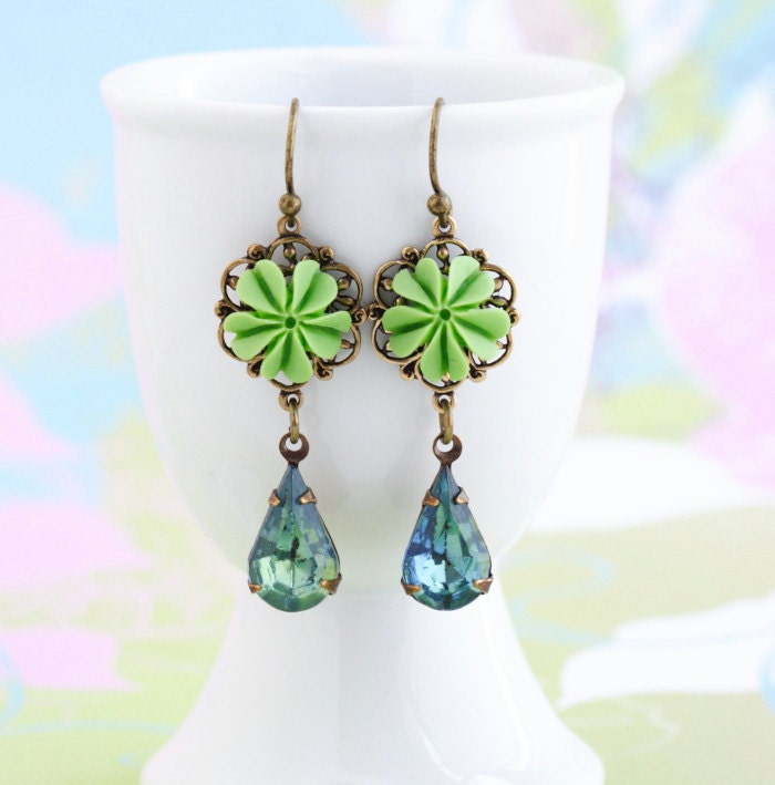 Feminine Earrings, Dangle Earrings, Jewel Earrings, Flower Earrings, Lime Green and Blue, Drop Earrings, Floral Accessories