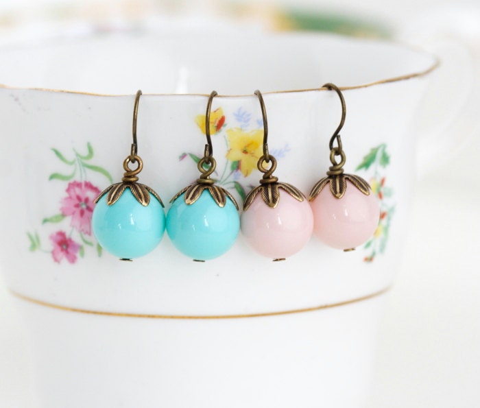Beaded Petal Earrings, Aqua and Pink, Brass Earrings, Choose Your Color, Drop Earrings
