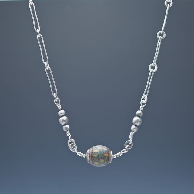Indonesian Trade Bead Necklace sterling silver chain and glass millefiori bead