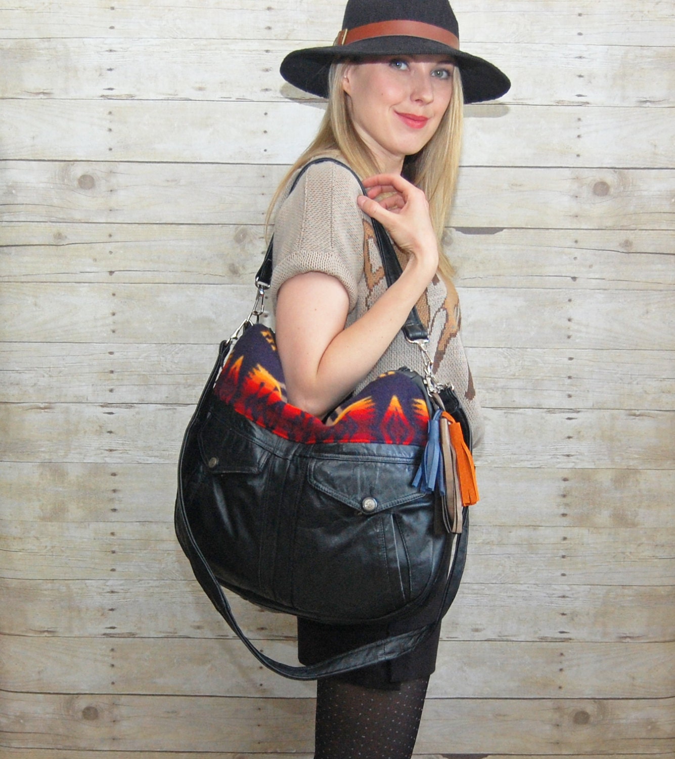 TUNDRA /// black leather bag with Pendleton navajo southwestern fabric