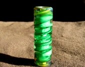 Lampwork Glass Focal Tube Bead Green Ribboned Latticino Zanfirico