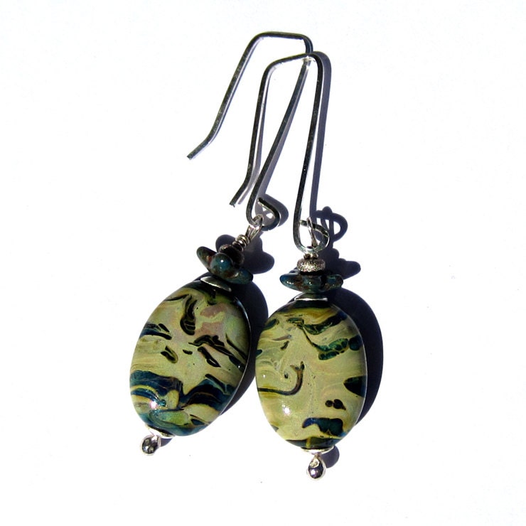 Handmade Lampwork Glass Earrings Silver Leaf Transparent Aqua