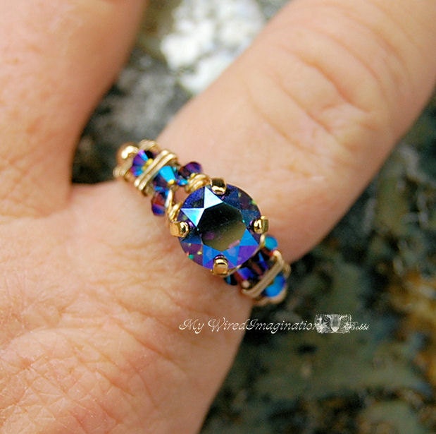 Vintage Starlight AB Swarovski Handmade Wire Wrap Ring Fine Jewelry Signature Marcella Crystal Design