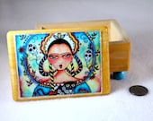 Jewelry Box, Frida and Cat Art Wood OOAK Decoupaged Mexican Art Wooden Cat Trinket Box, Day of the Dead Ring Earring Holder Pink Blue