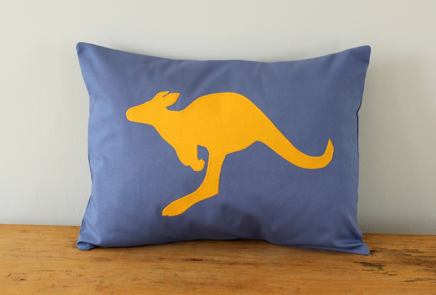 Kangaroo Applique Pillow Cover. Slate Gray and Papaya. Customizable.