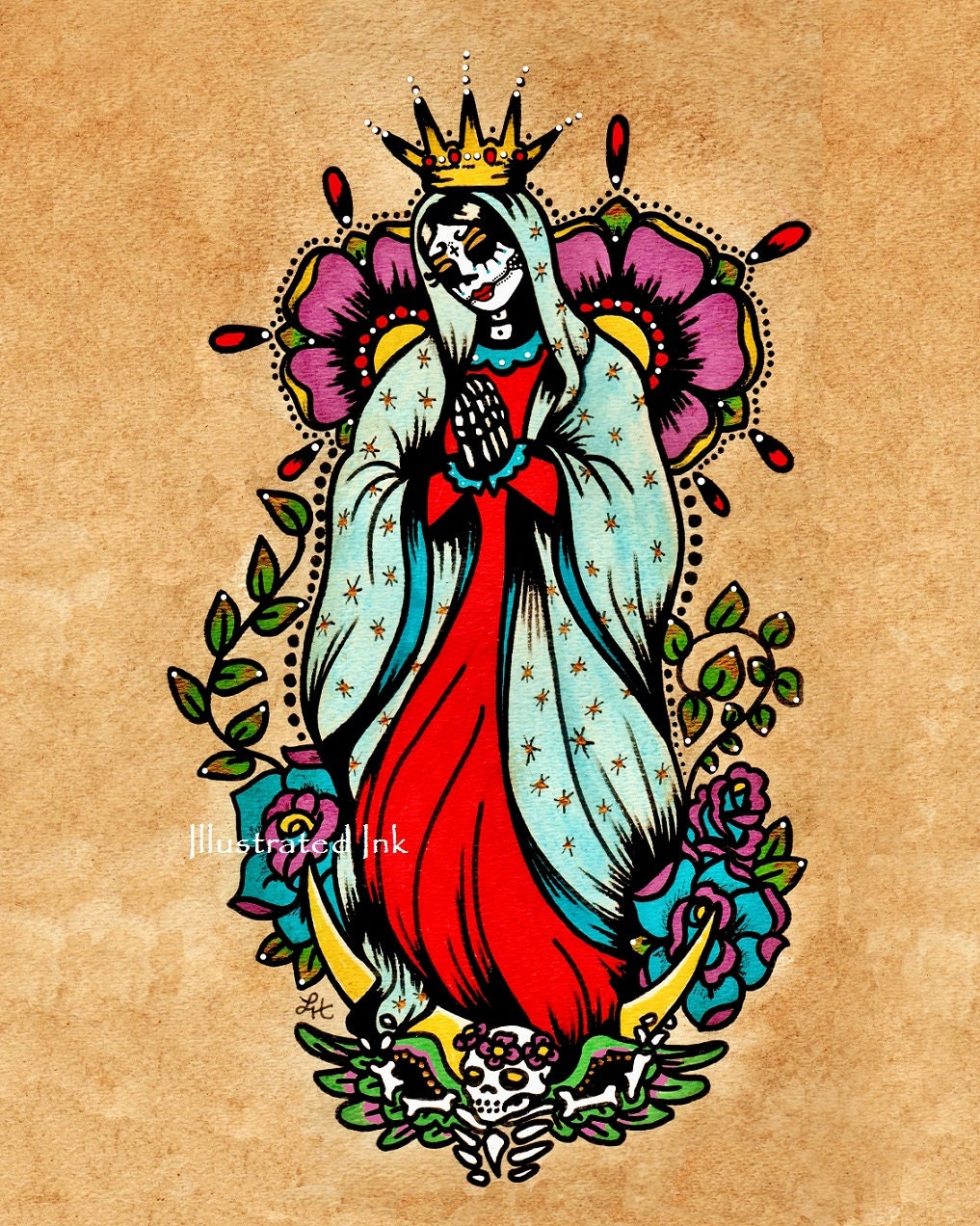 Day of the Dead Virgin de Guadalupe Virgin Mary Old School Tattoo Art Print 8 x 10