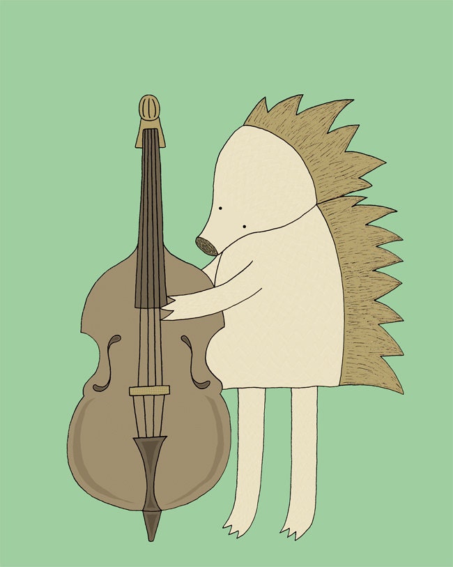 Children's Art, Nursery Art, Green Nursery Wall Art, Nursery Decor, Hedgehog Playing Standup Bass