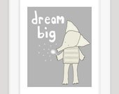 Grey Nursery Art Print, Dream Big, Elephant Nursery Art, Gray Nursery Decor, Baby Nursery, Kid's Room Art