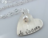 Je t'adore Heart Necklace - 7/8" Hand Stamped Sterling Silver Heart, White Fresh Water Pearl