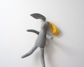 Small Bunny Rabbit doll soft fabric doll baby toddler grey wool Bright Yellow linen unique OOAK upcycled eco-friendly  bubynoa Best Friend