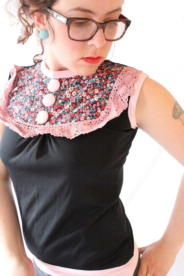 Womens Black Blouse Vintage Floral Light Pink Vintage Lace and Buttons SMALL // handmade in Vermont // by Nicoles Threads