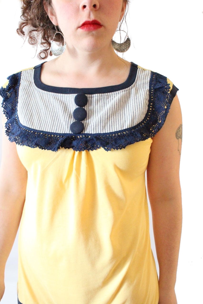 Organic Cotton Womens Tunic  Yellow and Vintage Conductor Hickory Stripe Blouse Medium // by Nicoles Threads