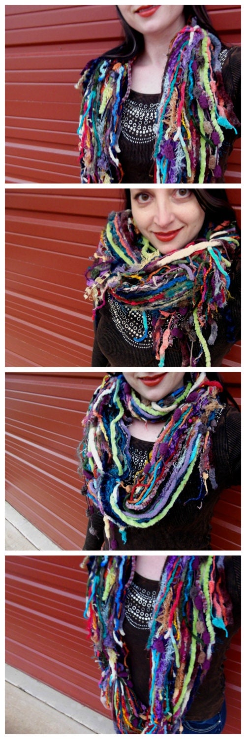 Boho Infinity Scarf Feathered Fringe Tribal Scarf, Colorful Infinity Scarf Accessories