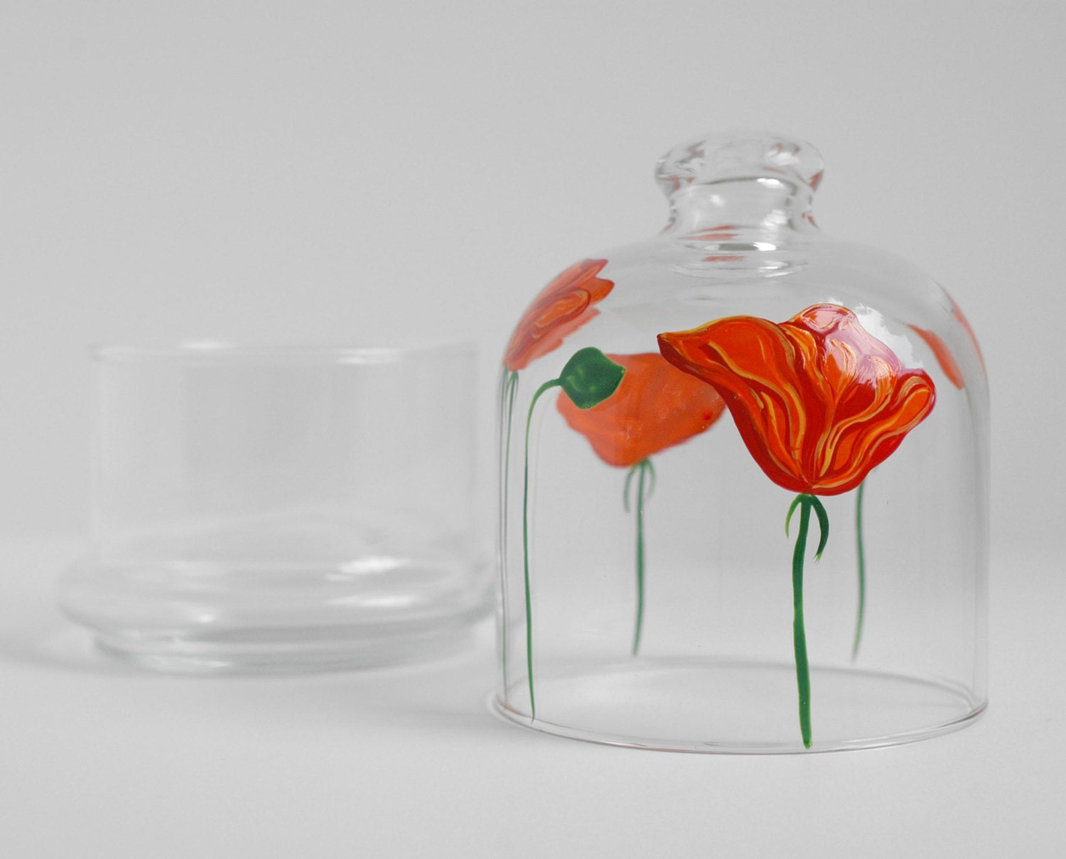 Orange Poppies Covered Glass Butter Dish - Hand Painted Poppy Covered Butter Dish