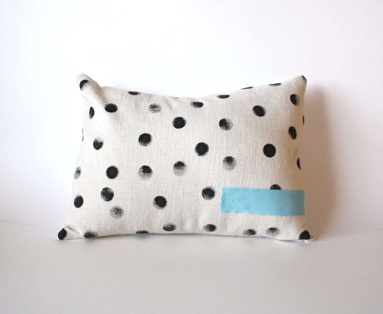 Polka Dot Pillow - Hand Printed Tea Stained - Tan - Turquoise - Black Dots