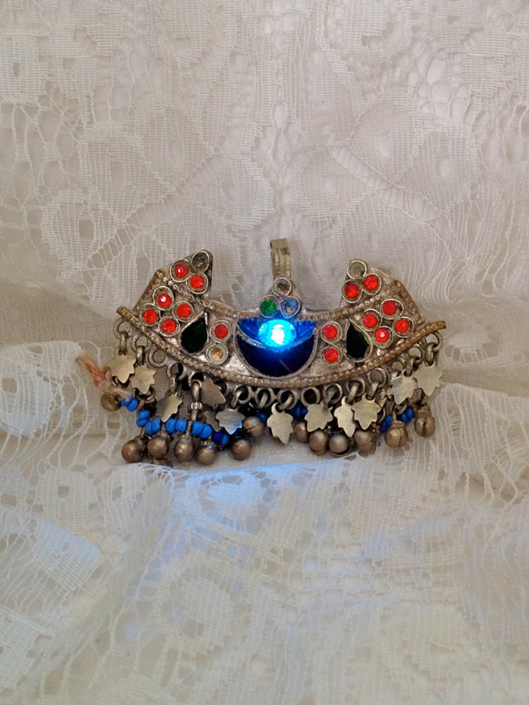 Blue LED pendant - tribal fusion bellydance necklace - Burning Man light up pendant - bellydance jewelry