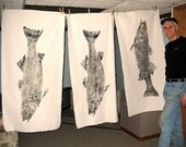 Spectacular 44 inch striped Bass Original GYOTAKU fish rubbing wall art on premium Muslin