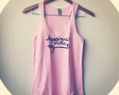Buddha Quote "happiness is the way". LARGE Women's Eco Racerback Tank in Eco Pink