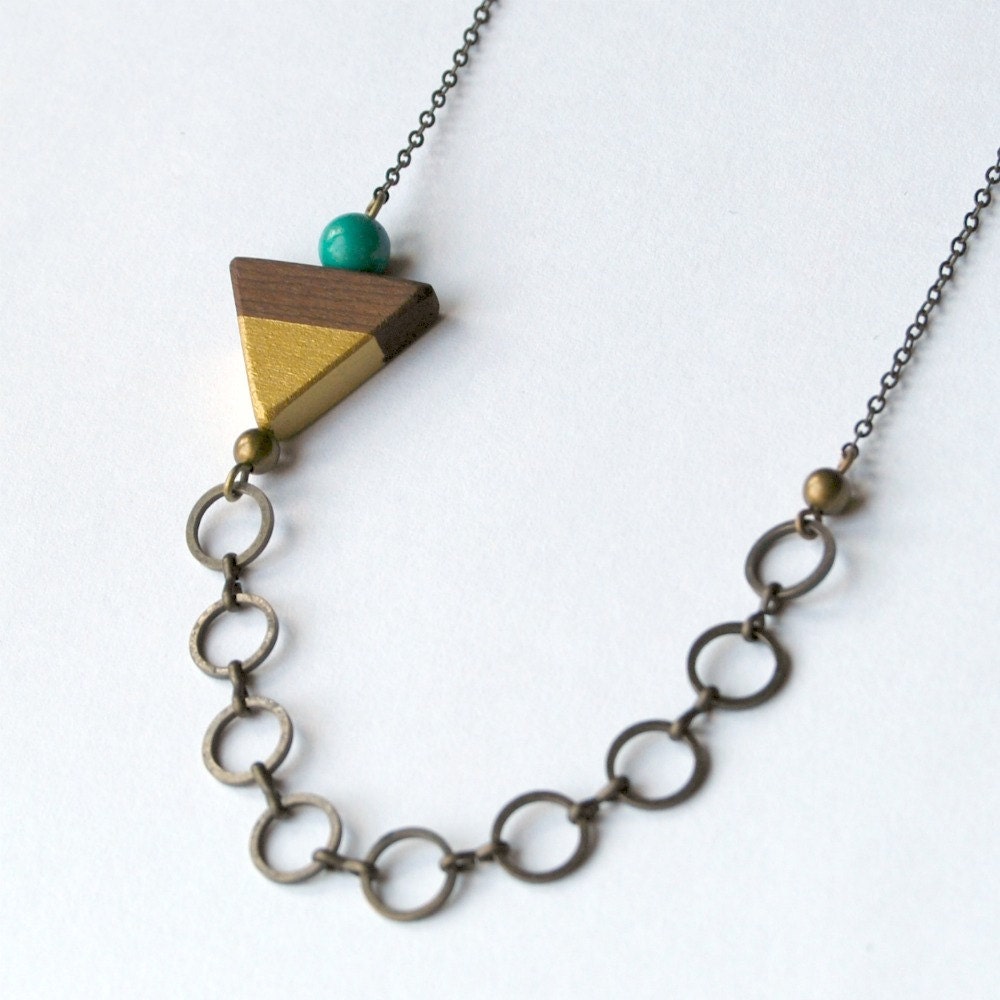 Golden Triangle - wood, antique brass chain, turquoise bead and a touch of gold