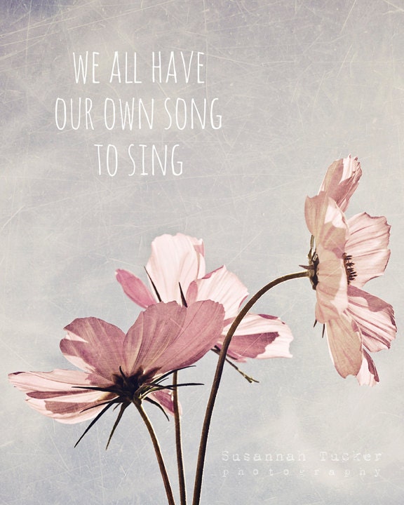 We all have our own song to sing- 8x10 pale pink cosmos flower photo - inspirational, typography, pastel spring summer room decor