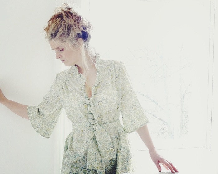 Blue/Green Floral Liberty of London Dress with Frill Collar and Belted Waist