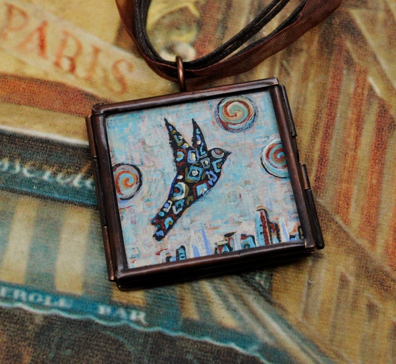 Bird Pendant Necklace - Cityscape - Original Dana Marie Wearable Art - Handpainted - Bridesmaid Gift  - ebsq