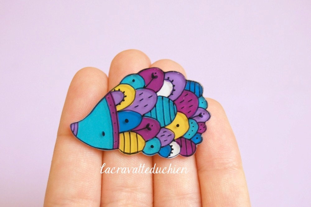 hedgehog brooch, woodland animal jewelry, hedgehog illustrated jewelry
