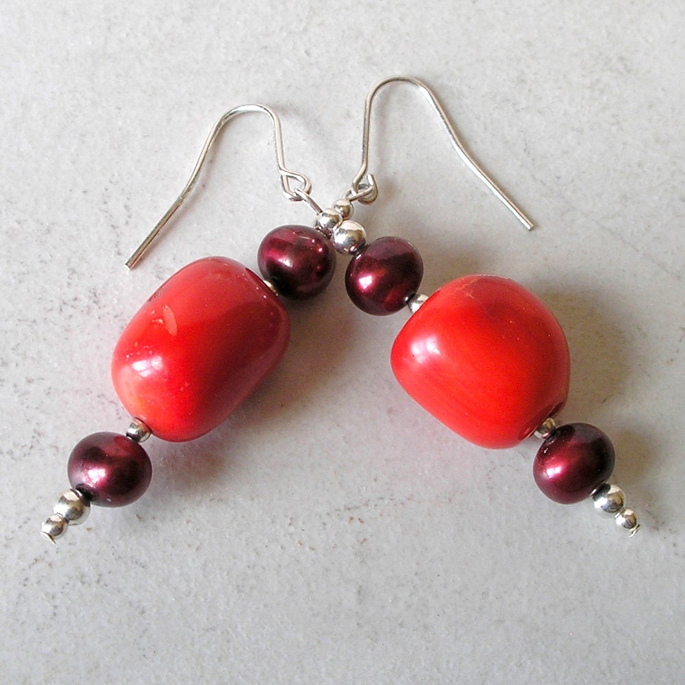 Red Coral, Pearl, Sterling Silver Earrings- Bright Red and Ruby Red Drop Earrings