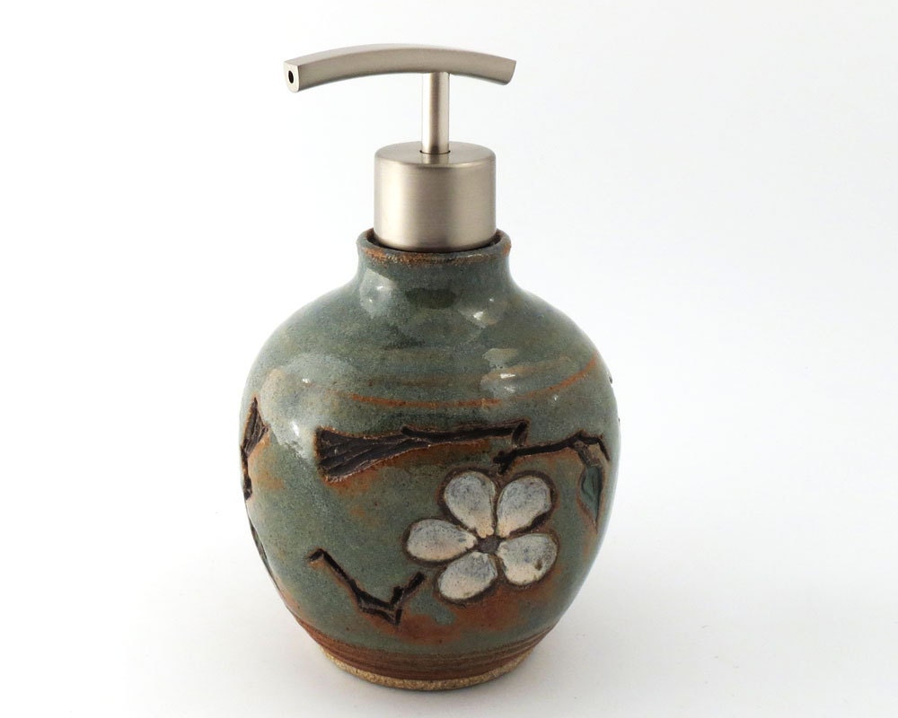 Soap or Lotion Bottle Carved Cherry Blossoms/ Blue-green/ Handmade Wheel Thrown Pottery