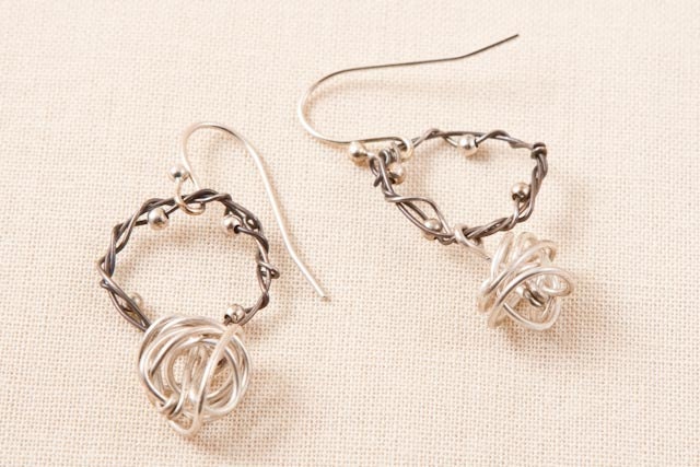 Black Silver Twisted Ring and Ball Dangle Earrings, wire wrapped jewelry