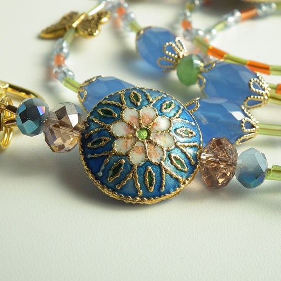 Beaded ID Badge Lanyard, Blue Cloisonne Flower Beads, Gold Butterflies, Breakaway Style