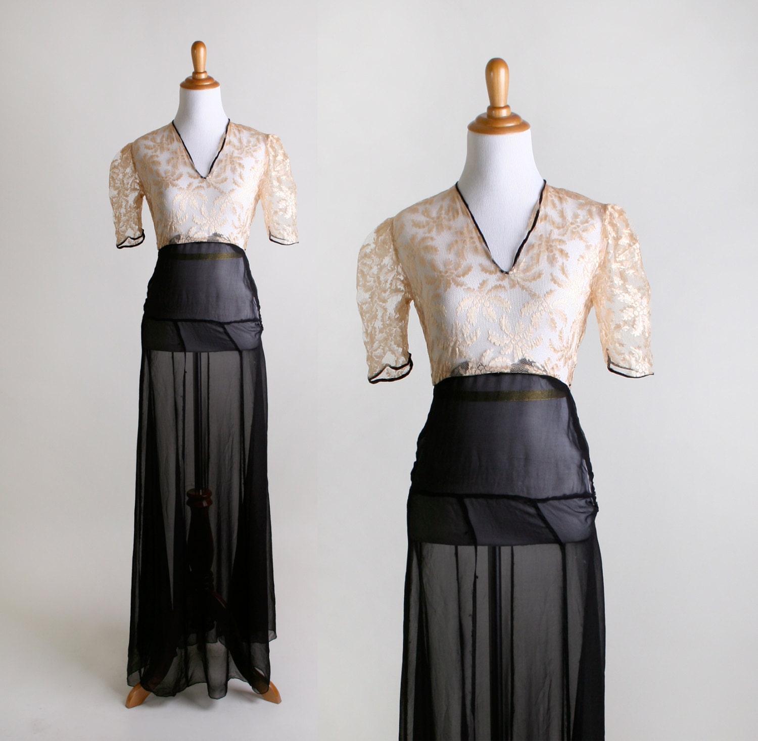 Vintage 1930s Lace Gown - Gold Cream Sheer Glamour Evening Dress - XS