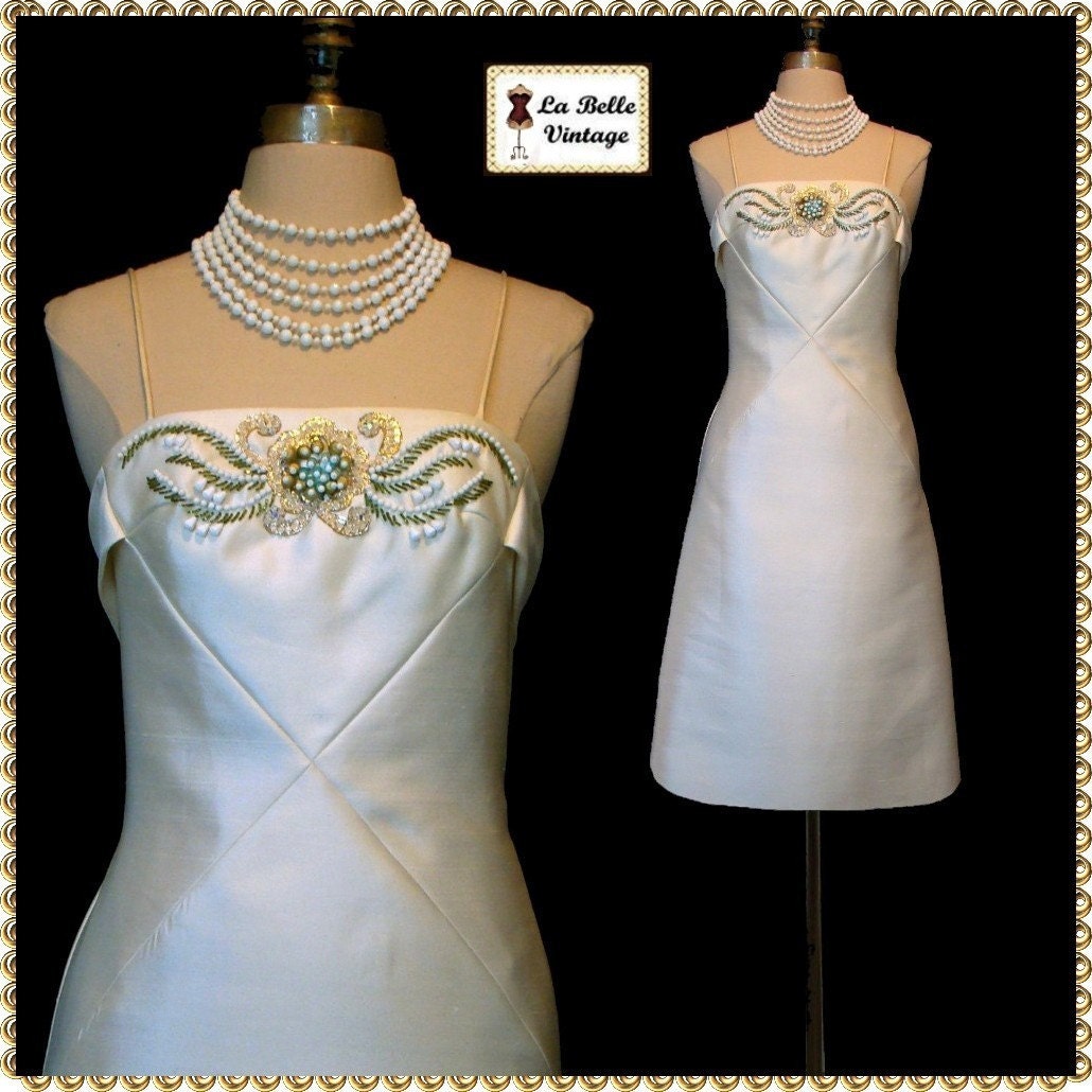 Vintage 60s Wedding Dress S - Ivory Silk - Beaded Mini - Spaghetti Straps