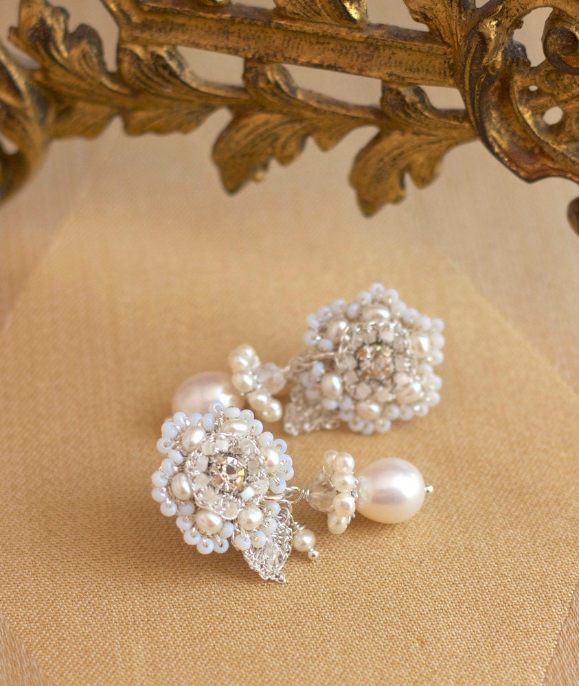 Pearl Lace Earrings Studs / Wedding Jewelry/ Sterling Silver / Vintage Rhinestones / "Thalie"