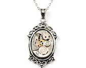 Steampunk Victorian GORGEOUS Antiqued Silver Filigree Necklace with Vintage ELGIN Spiral Gear Watch Movement by Velvet Mechanism
