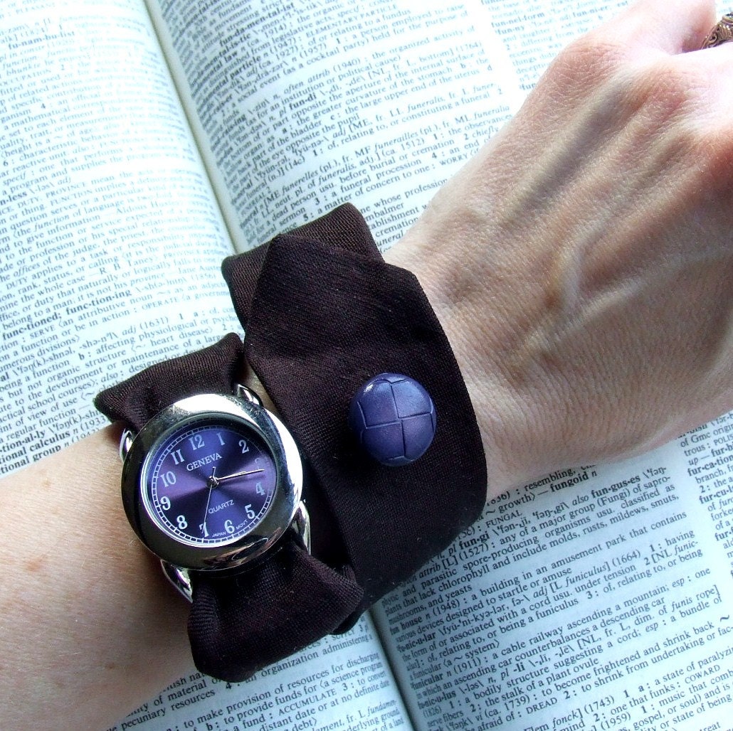 Watch Necktie Wrap in Chocolate Brown with Violet Blue face and button