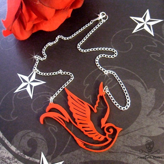 RED SPARROW - Laser Cut Acrylic Tattoo Flash Charm Necklace