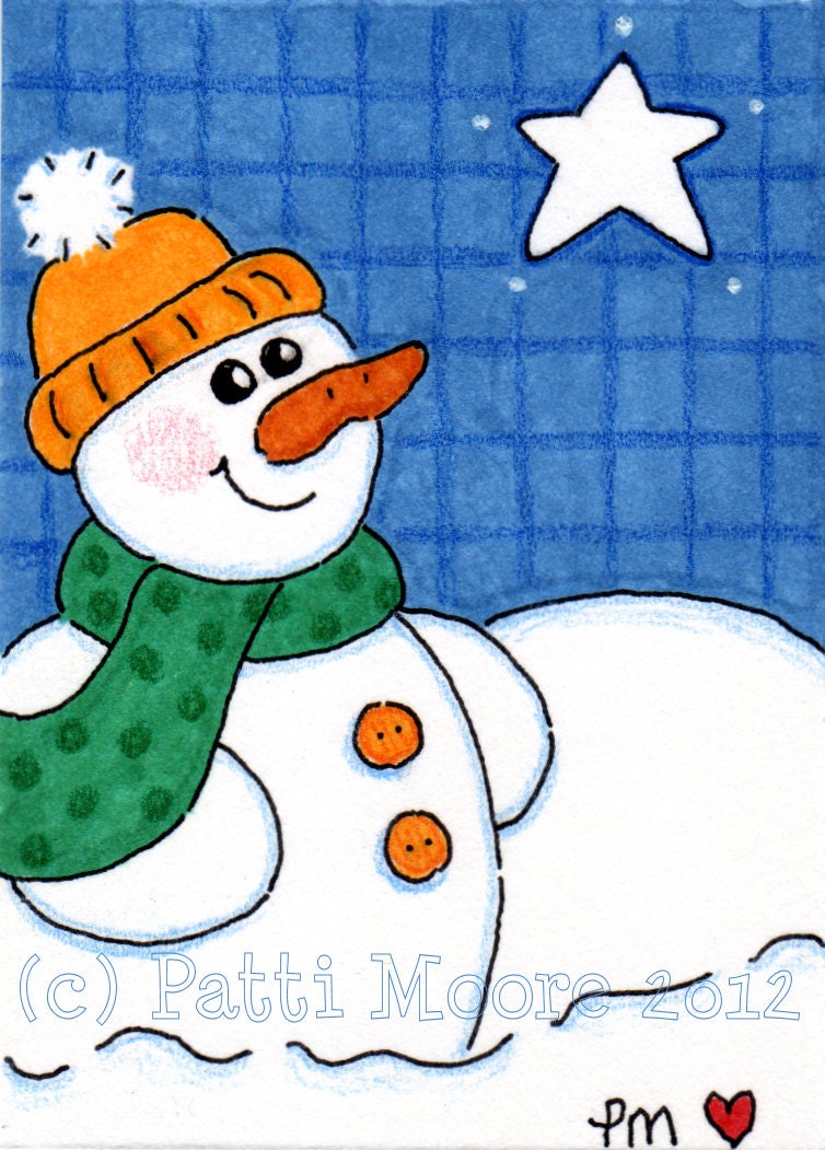 ACEO Original Illustration - Folk Art - Cute Whimsical - 2.5" x 3.5" - Starlit Night