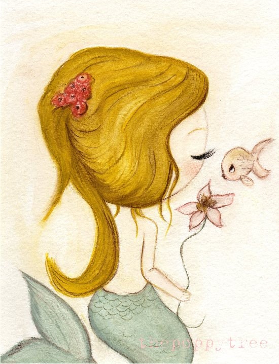 Mermaid Print Sweet Fish Kiss Nautical Flower Girl Wall Art---Fin Love