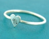 Personalized Skinny Heart Stacking Ring in Sterling Silver - Heart Initial Ring