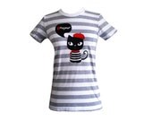 Cat Shirt - Bonjour French Kitty Striped Tee Shirt - (Available in Ladies sizes S, M, L, XL)