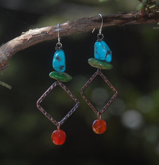 Southwest Sunset - Rustic, Turquoise,  Earrings, Carnelian, Gift for Her