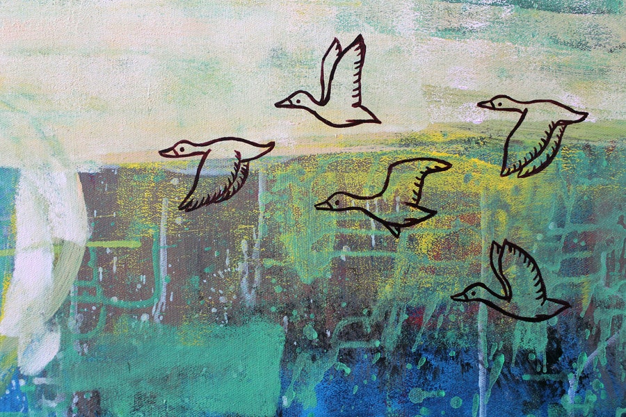 Flock of Ducks - 24x36 Abstract Acrylic LARGE Original Painting Wall Art on Canvas