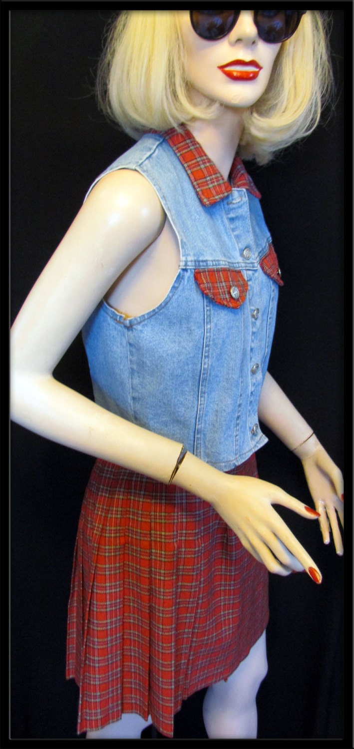 DARLING Vintage 90s PLAID Denim vest 2pc MINI Skirt set outfit