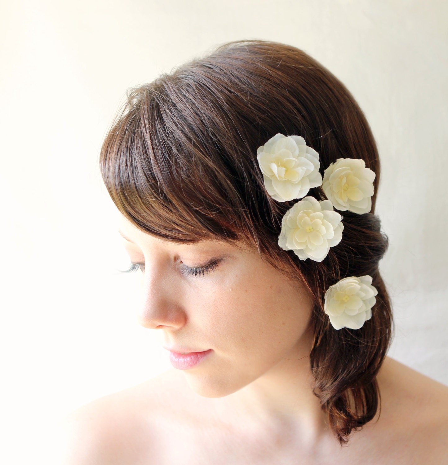 Pretty ivory white flower clips, bridal hair clip set, bobby pins - CHERRY BLOSSOM