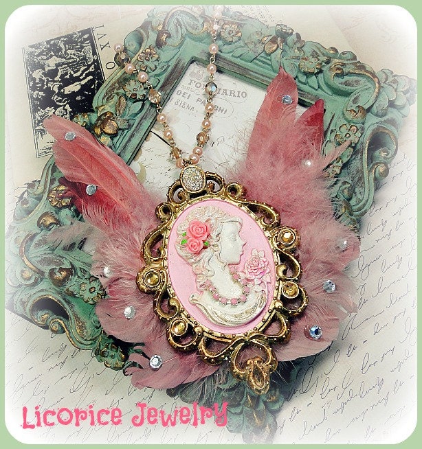 HUGE Victorian PINK ANgel WIng Cameo Bib Statement Necklace  girl antique Rhinestone feathers rose gold crystal
