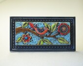 Bird on Branch Mosaic Tile - Raku Clay Tile Mosaic  Framed Art - Colorful Whimsical Botanic Pottery Home Decor Gardener Gift