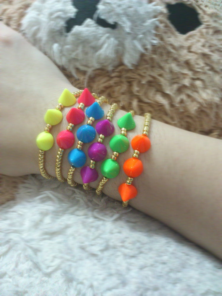 Neon Summer Statement Spike Studs Jewelry Accessory. Galvanized Starlight beaded Stretchy Bracelet. Soft Punk. Minimalist Everyday Jewelry